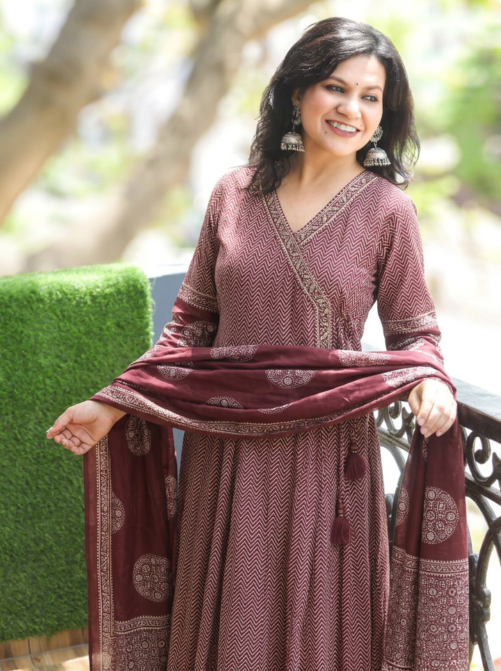 Sharvari Wine Angrakha Style Anarkali Cotton 3 PIece Set