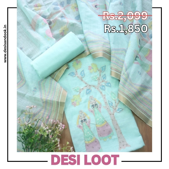 Noor Sea Blue Digital Print with French Knot and Zari Work Cotton Linen Set