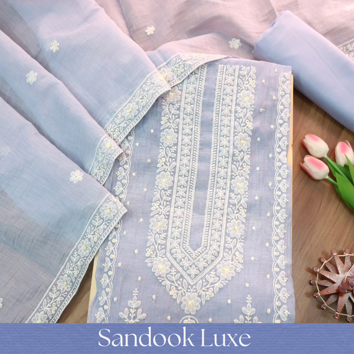 Kaveri Ice Blue Thread Embroidered Chanderi Set