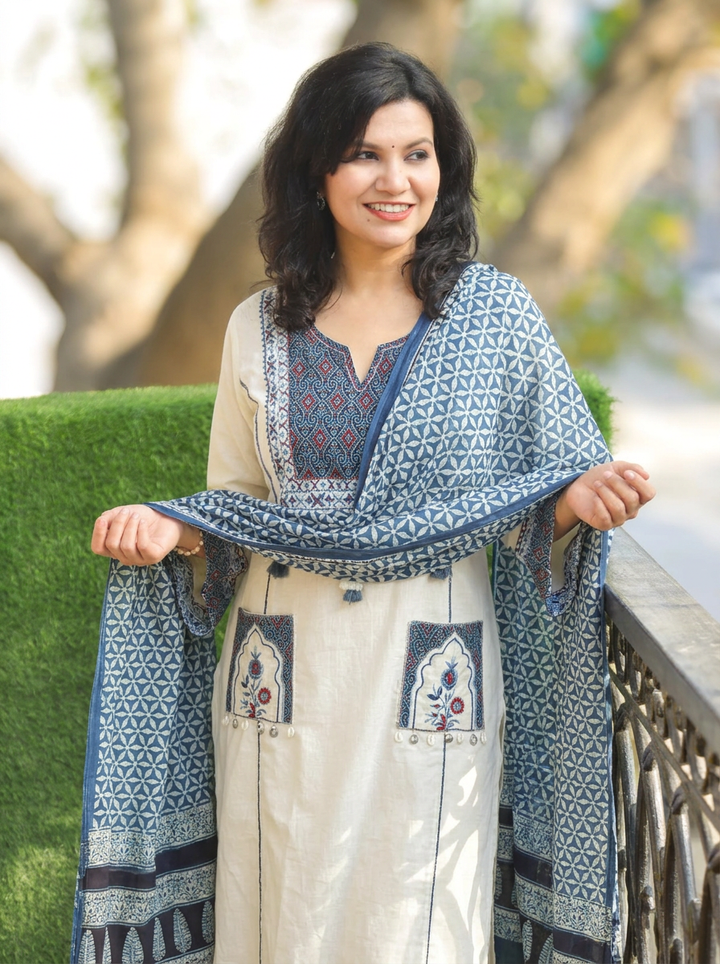 Vaidehi White Embroidered Panel Style Cotton 3 Piece Set