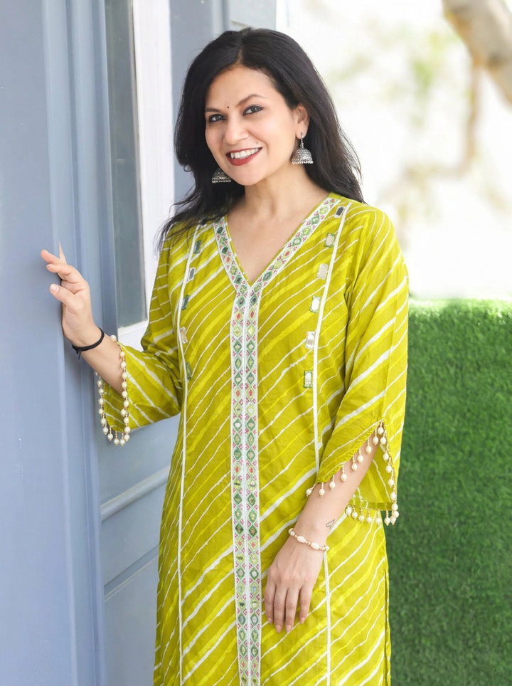 Leher Leaf Green Embroidered Lace Panel Leheriya Cotton Kurti