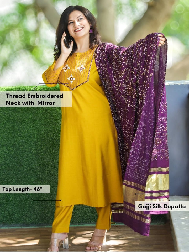 Mayra Turmeric Yellow Thread Embroidered Neck with Mirror Work Roman Silk 3 Piece Set