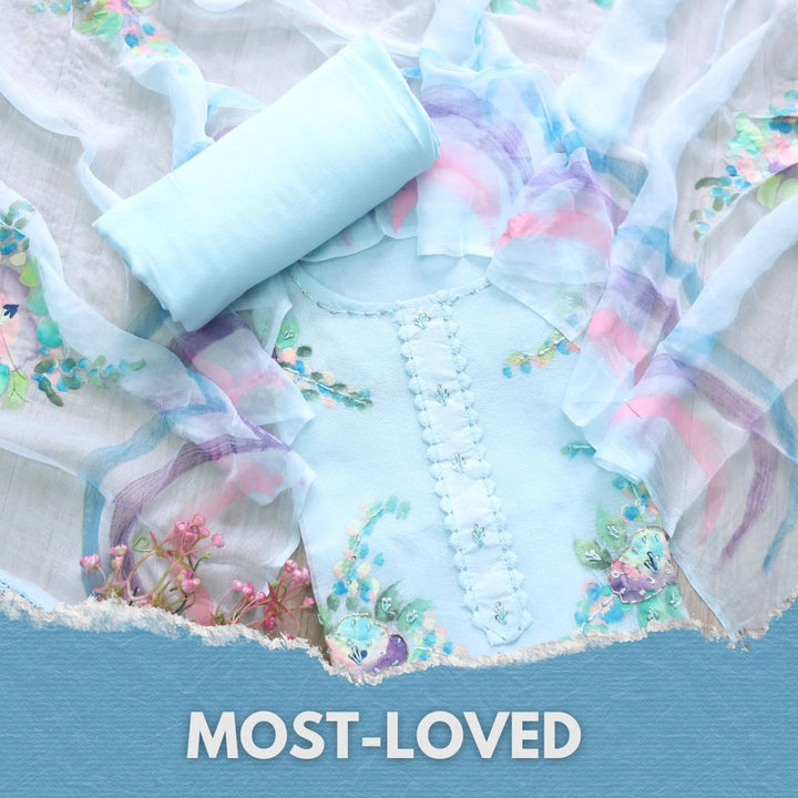 Roobi Sea Baby Blue Floral Printed with Lace Work Neck Kota Net Suit Set