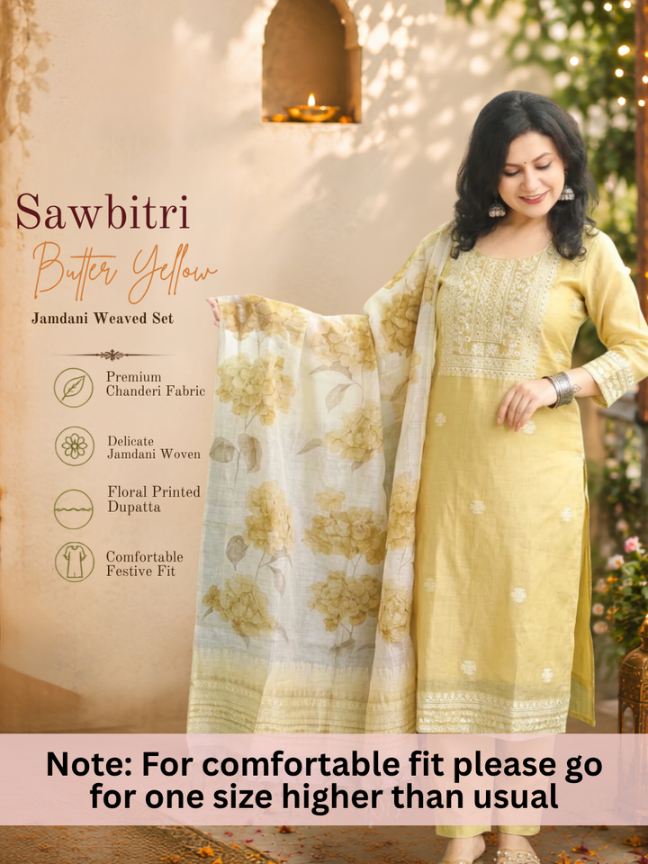 Sawbitri Butter Yellow Jamdani Weaved 3 Piece Set