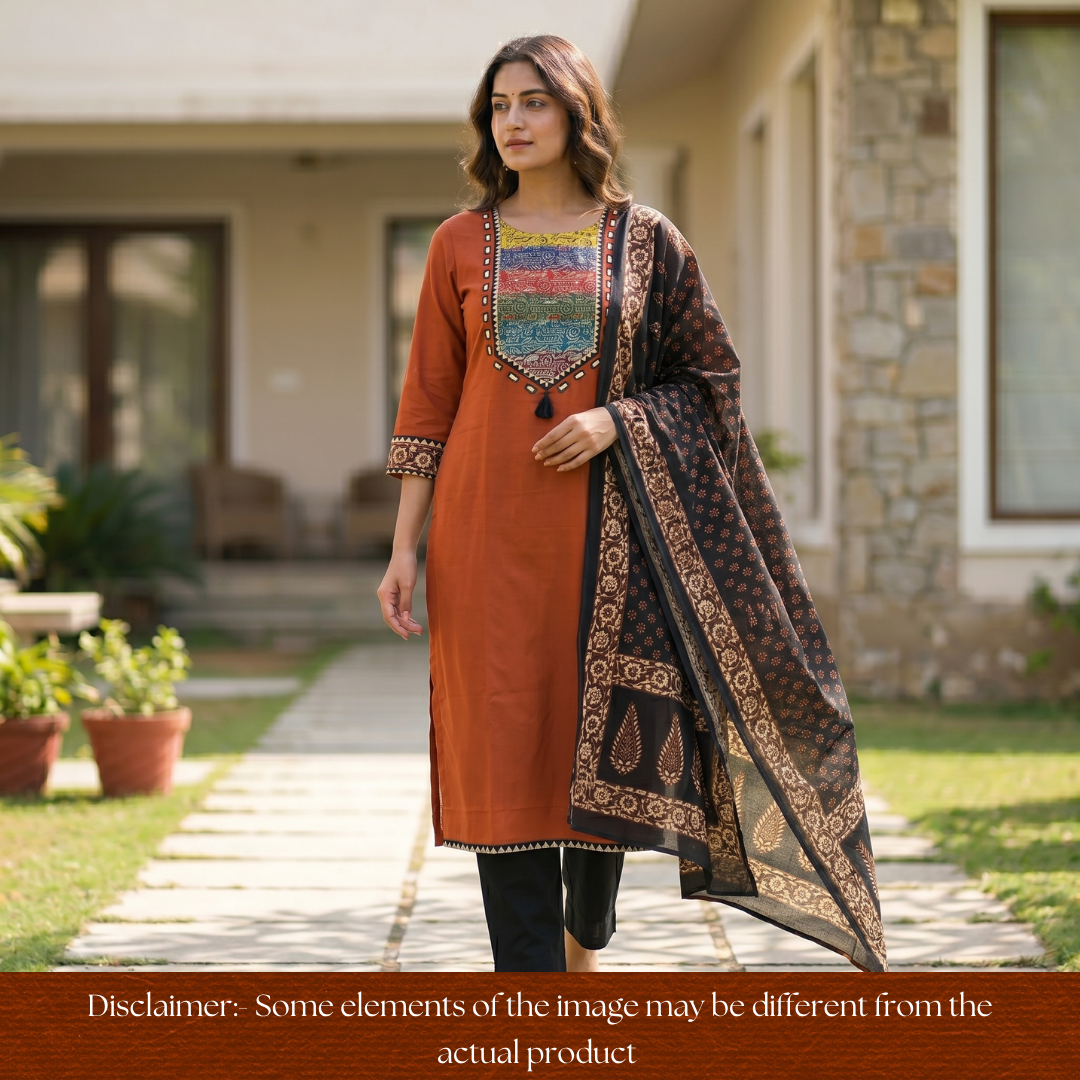 Saheli Rust Orange Mirror With Printed Yoke Cotton Set