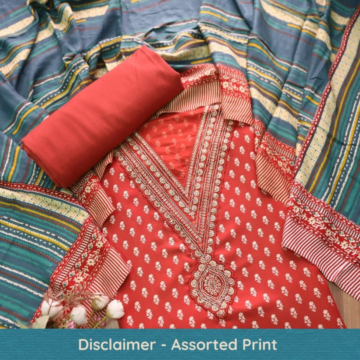 सरवरी Rust Red Embellished V Neckline Foil Work Semi Pashmina Winter Set