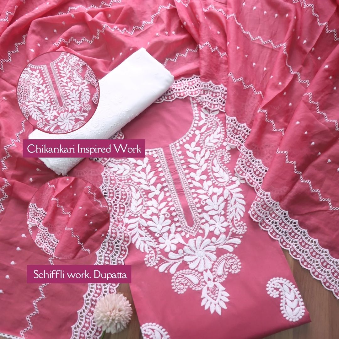 Apurav Mauve Pink Chikankari inspired Neck Work Cotton Suit Set
