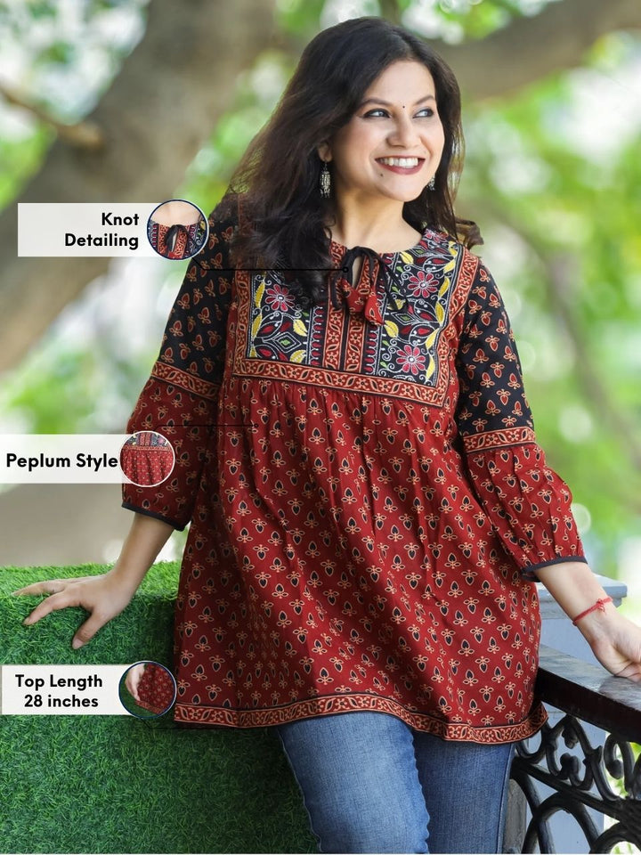 Paro Maroon Red Kutch Patch with Knot Ajrak Printed Peplum Short Cotton Kurti
