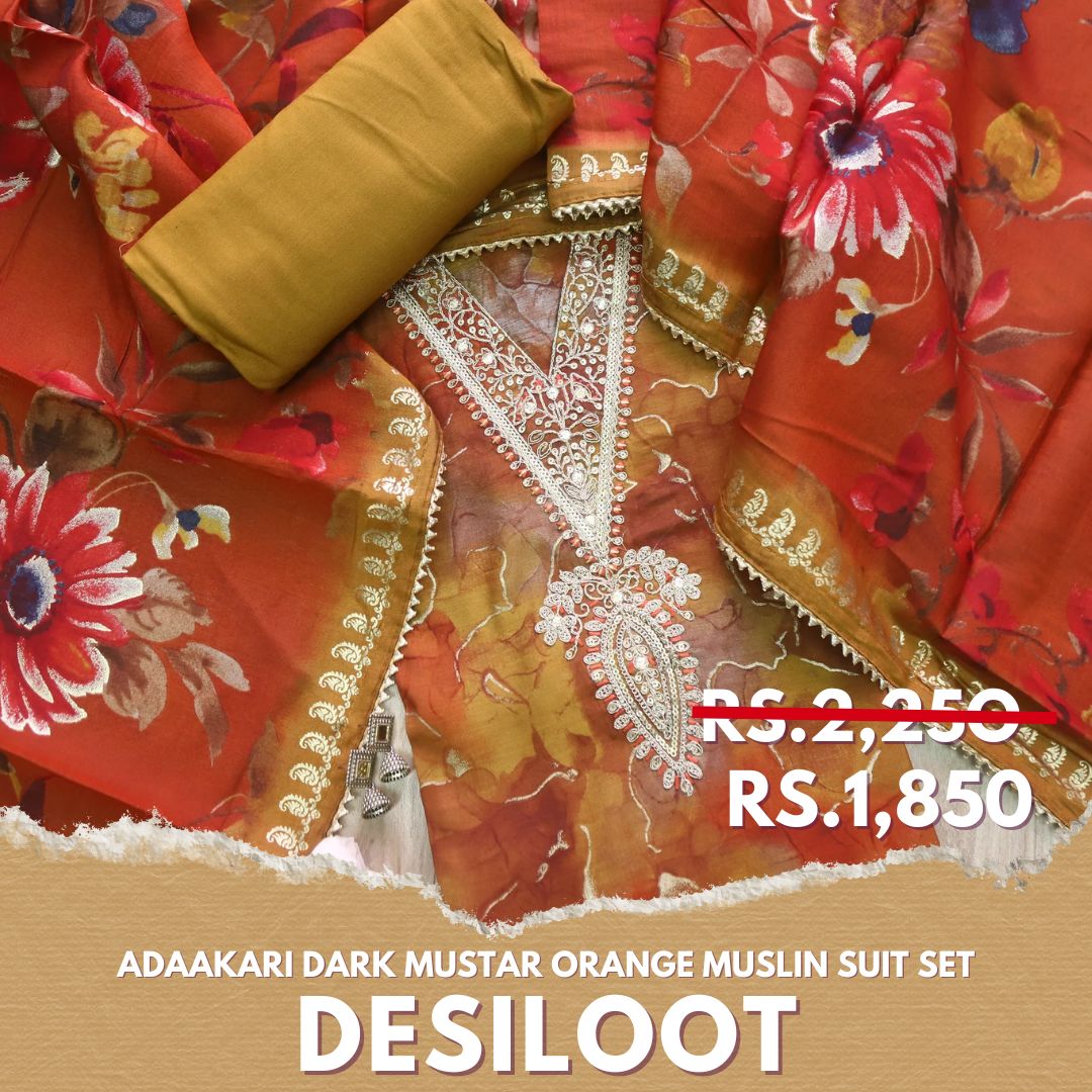 Adaakari Dark Mustard Orange Zari Embellish Neck Work Floral Print Muslin Suit Set