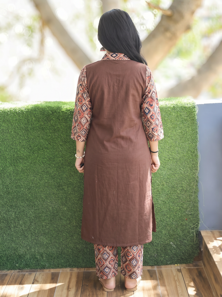 Barsha Brown Kalamkari V Neck Cotton Kurti