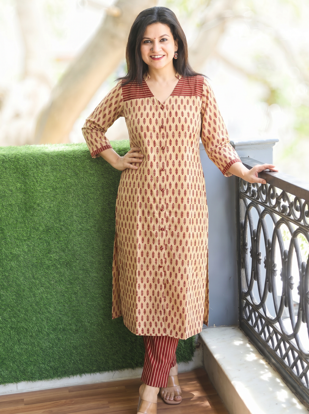 Raina Beige Red Button Down Ajrak Cotton Kurti