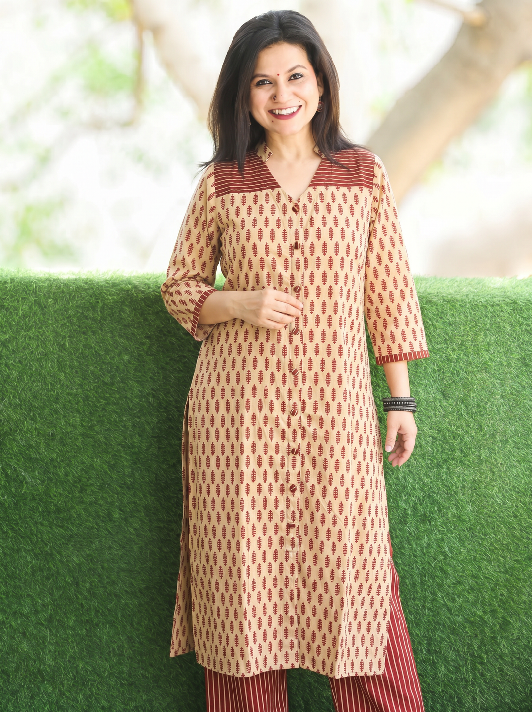 Raina Beige Red Button Down Ajrak Cotton Kurti