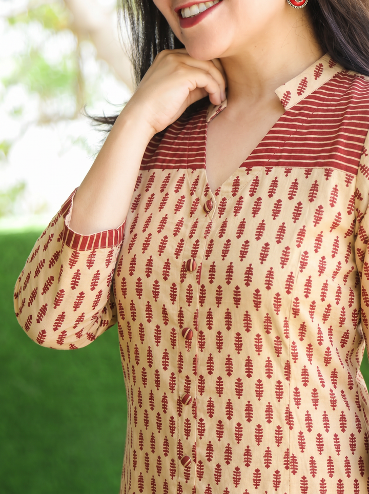 Raina Beige Red Button Down Ajrak Cotton Kurti