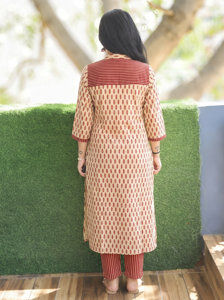 Raina Beige Red Button Down Ajrak Cotton Kurti
