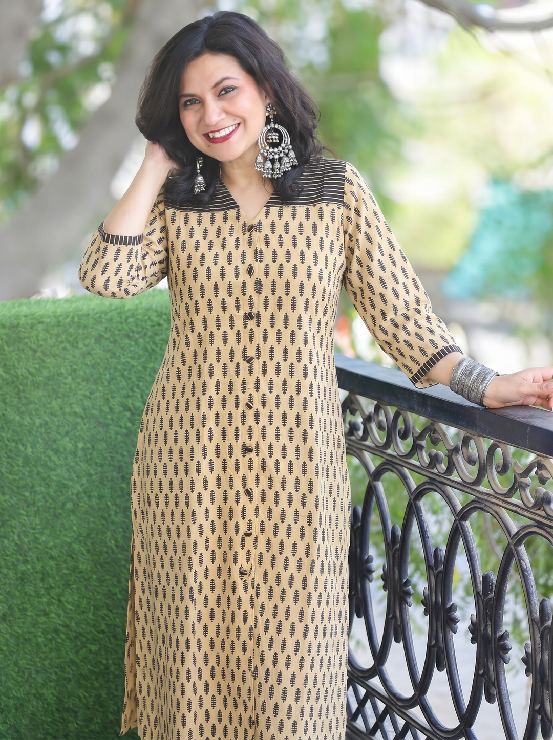 Raina Beige Black Button Down Ajrak Cotton Kurti