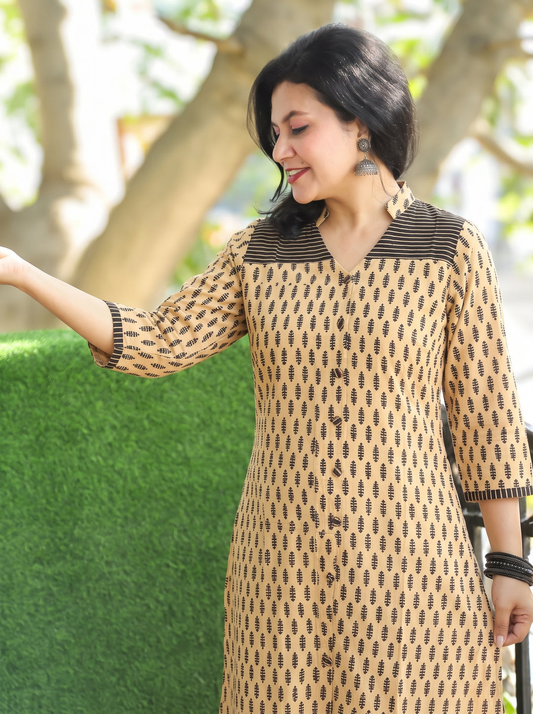 Raina Beige Black Button Down Ajrak Cotton Kurti