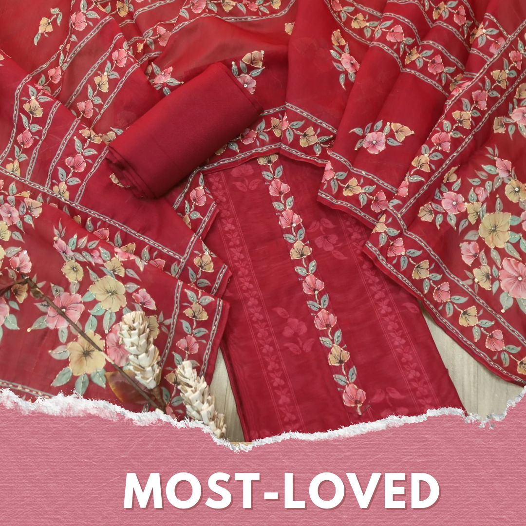 Rukmani Berry Red Digital Printed Kantha Embroidery Chanderi Suit Set