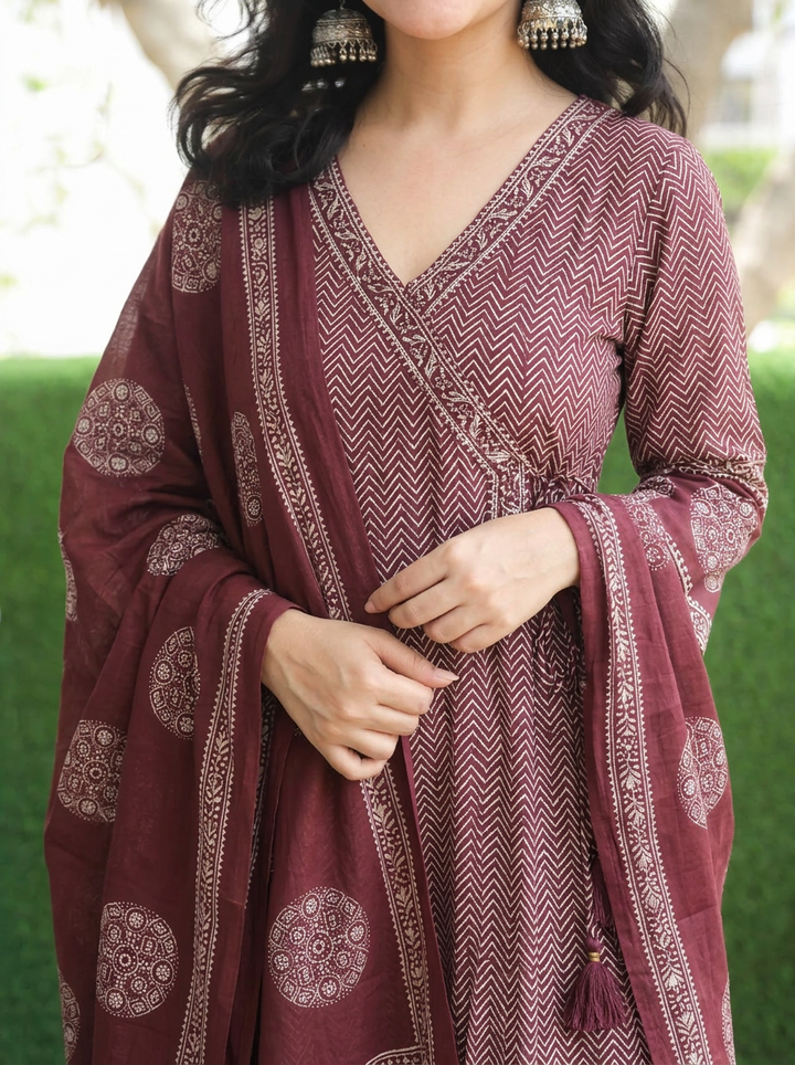 Sharvari Wine Angrakha Style Anarkali Cotton 3 PIece Set