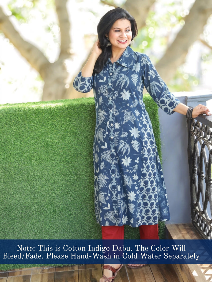 Kriya Prussian Blue Tropical Dabu Printed Button Down Cotton Kurti