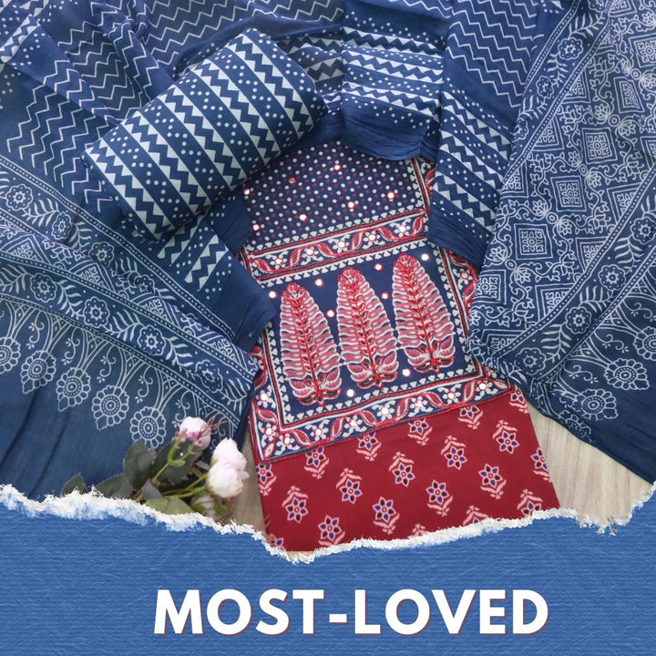 Sanak Apple Red Mirror Work Neck Ajrak Printed Cotton Suit Set D1