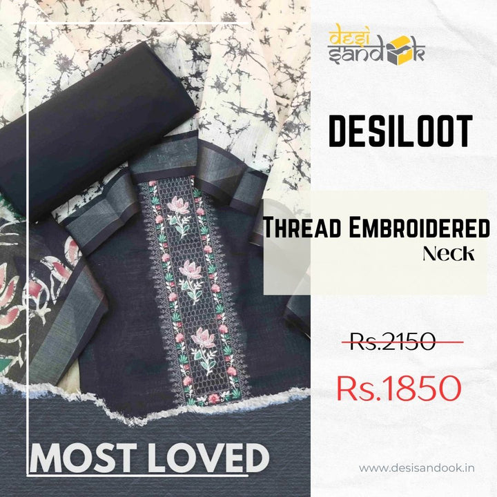 Noorani Ebony Black Thread Embroidered Neck Work Cotton linen suit Set