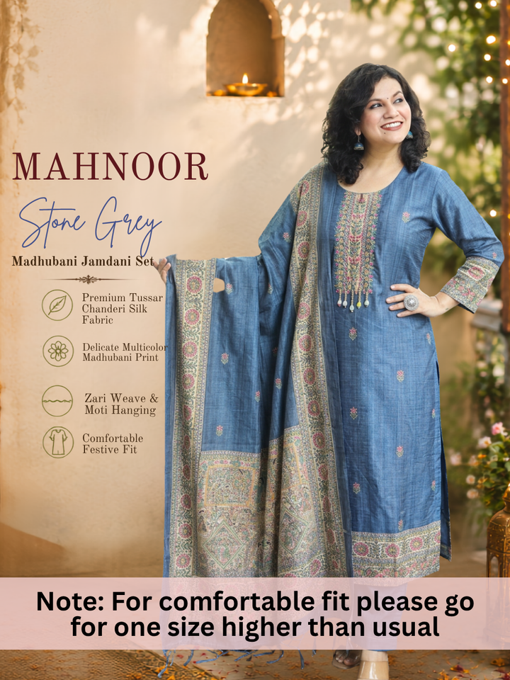 Mahnoor Stone Grey Madhubani Tussar Chanderi Silk 3 Piece Set