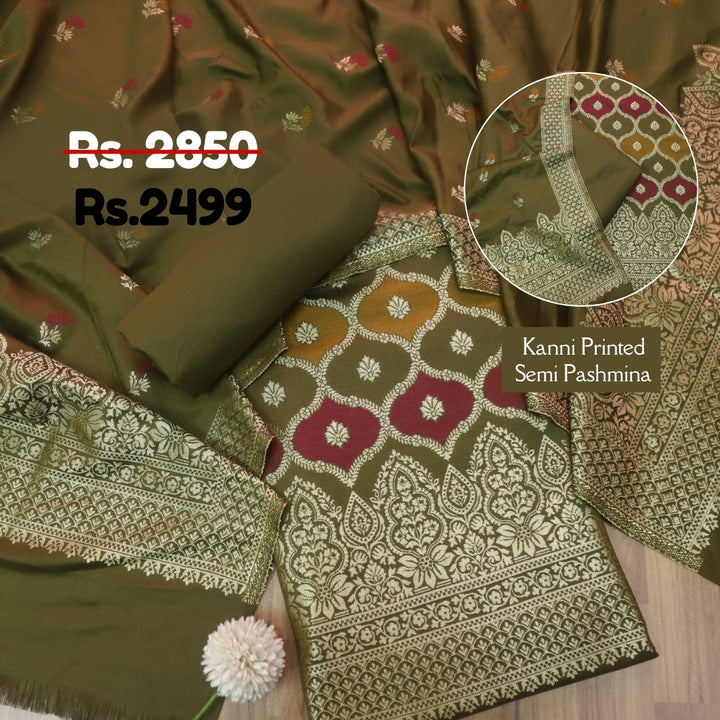 दर्शनी Olive Green All Over Zari Weaved Semi Pashmina Winter Set