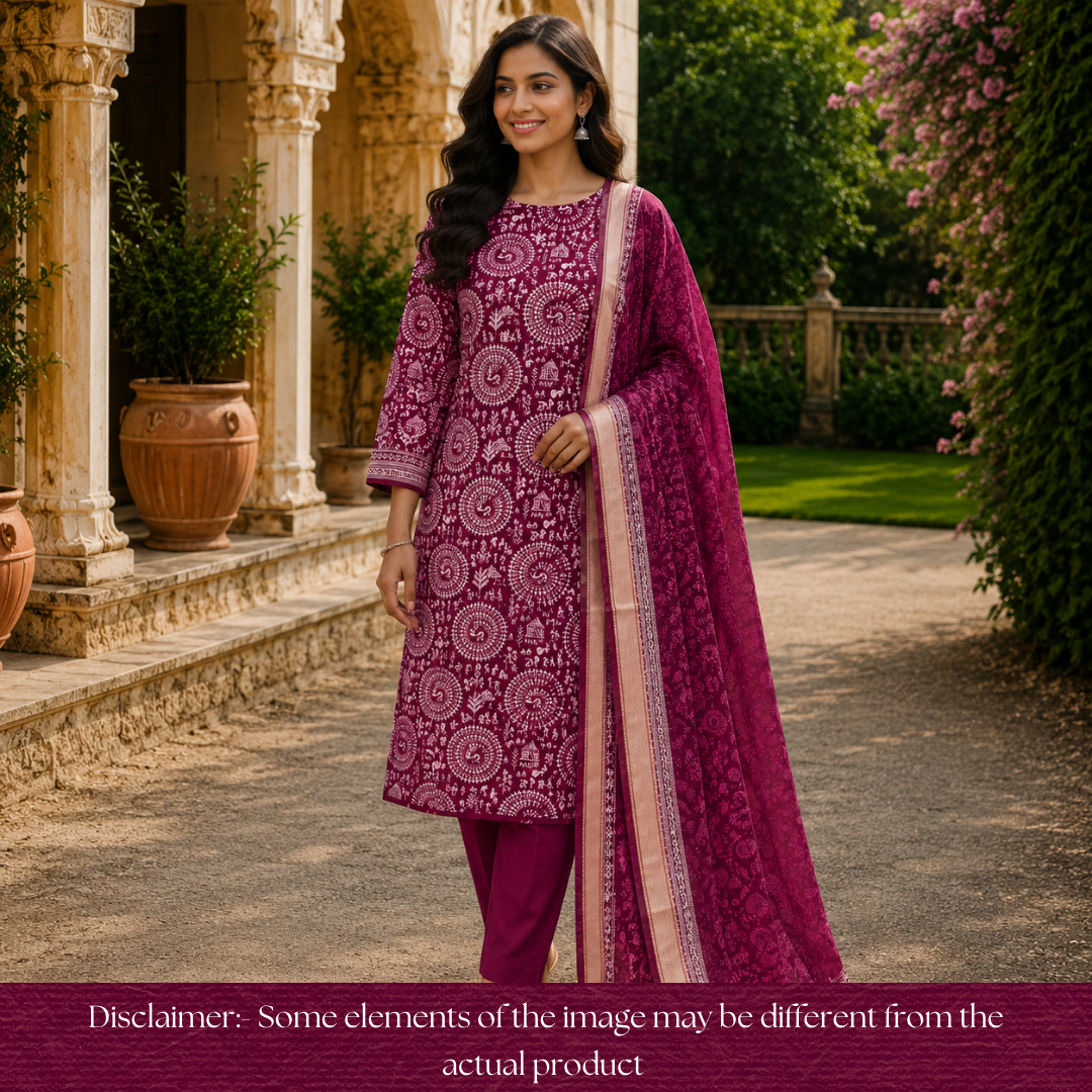 Anaya Berry Purple Warli Printed in Mangalgiri Hem Work Cotton Set D4
