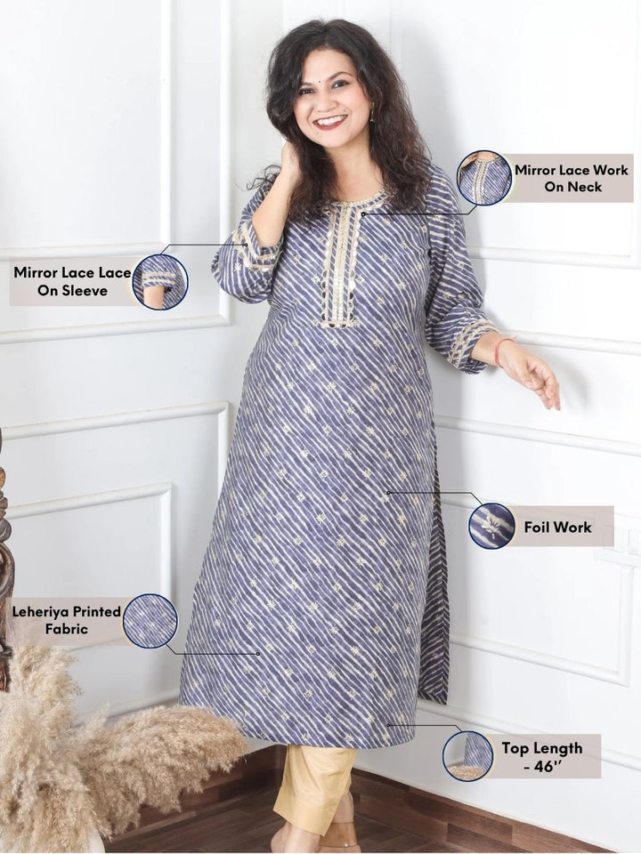 Anika Fossil Grey Round Neck with Mirror Lace and Foil Work Leheriya Modal Kurti