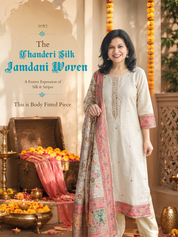 Geet Sand Beige Embellished Jamdani Chanderi Silk 3 Piece Set