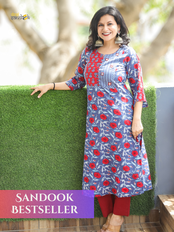 Billori Blue Potli Button Block Cotton Kurti