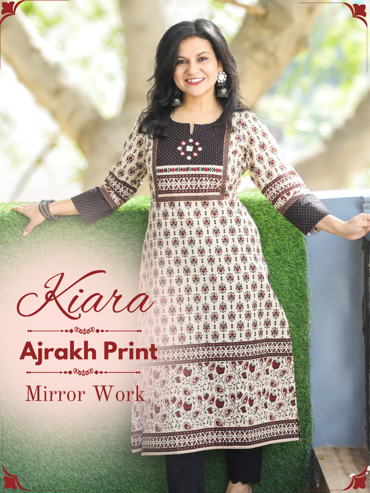 Kiara Beige with Black Kutch Mirror Work Yoke in Ajrak Printed Cotton Kurti