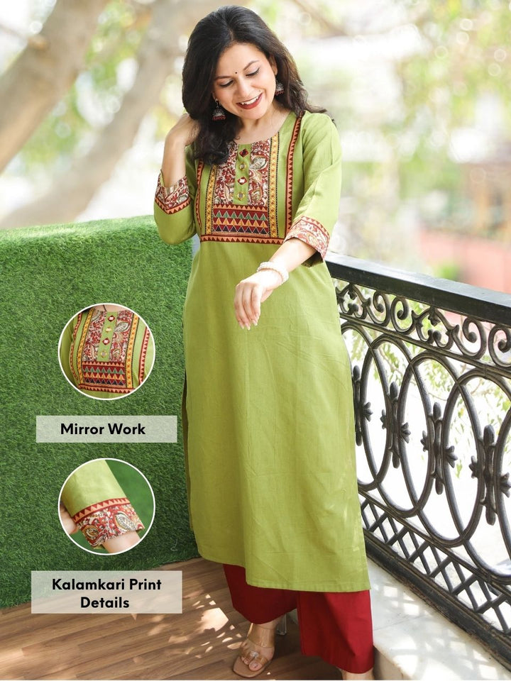Shaniya Leaf Green Mirror Neck with Kalamkari Print Details Cotton Kurti
