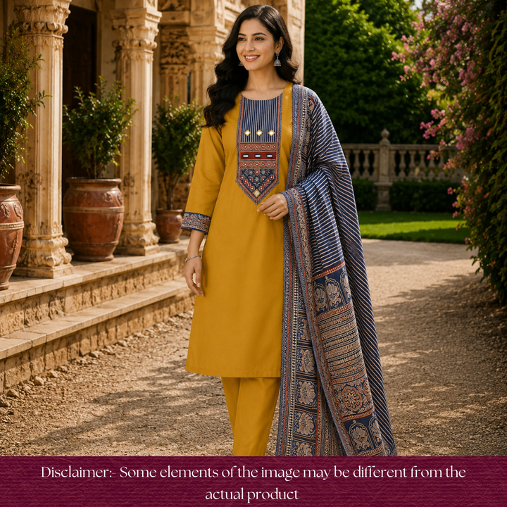 Roopsidhi Beetle Yellow Mirror With Printed Yoke Cotton Set