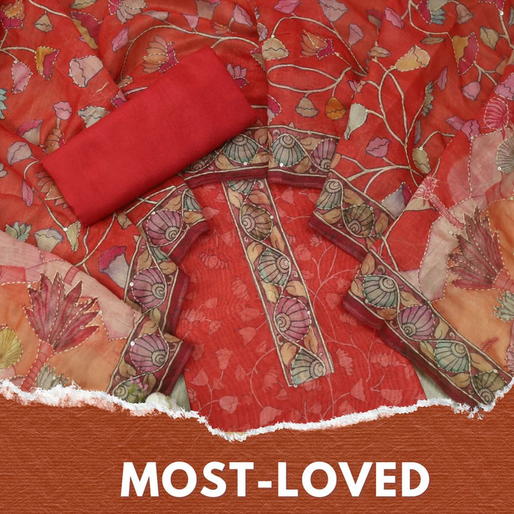 Kohinoor Carrot Orange Digital Pichwai Print Kantha Work Chanderi Suit Set