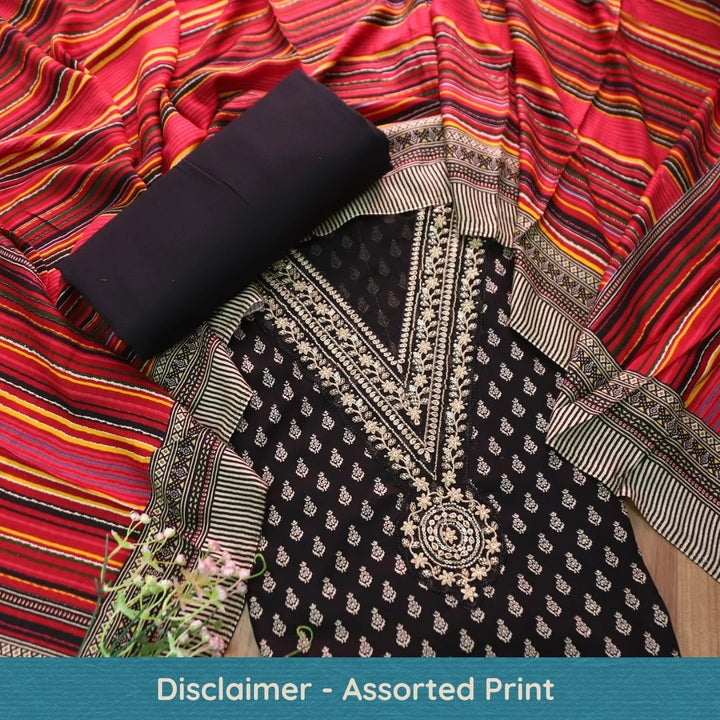 सरवरी Ebony Black Embellished V Neckline Foil Work Semi Pashmina Winter Set