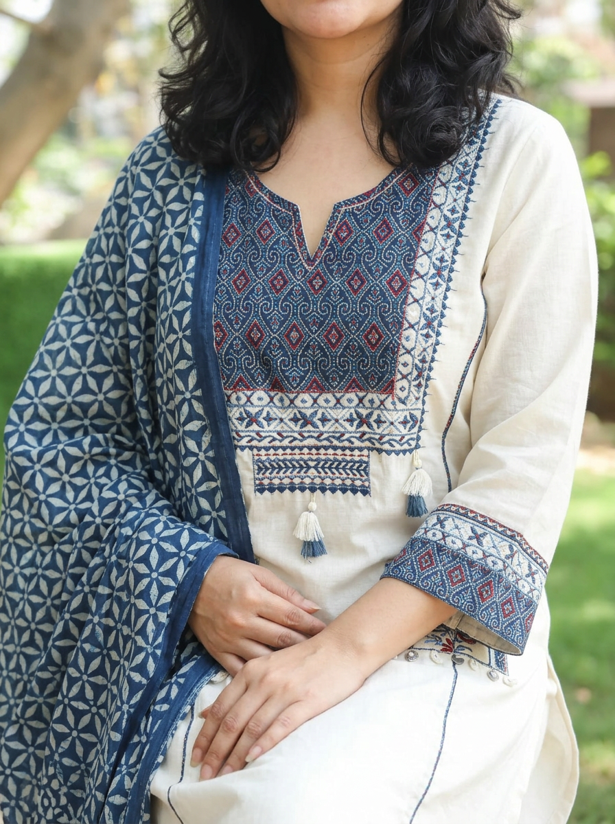 Vaidehi White Embroidered Panel Style Cotton 3 Piece Set