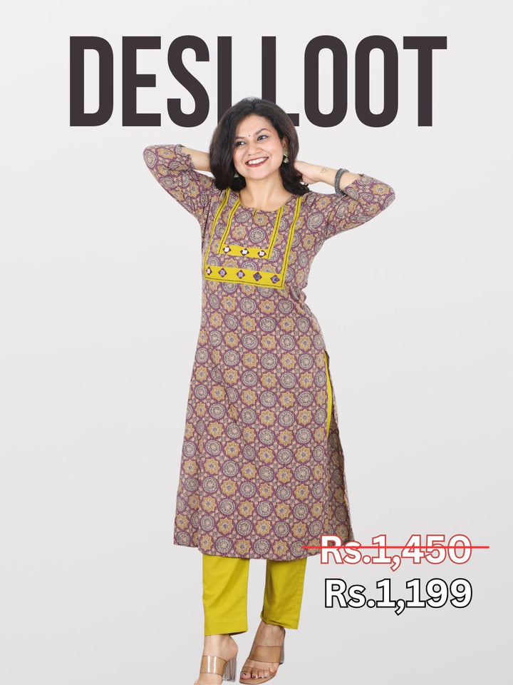 Hariyali Mulberry Onion Mirror Work in Ajrak Printed Running Work Cotton Kurti