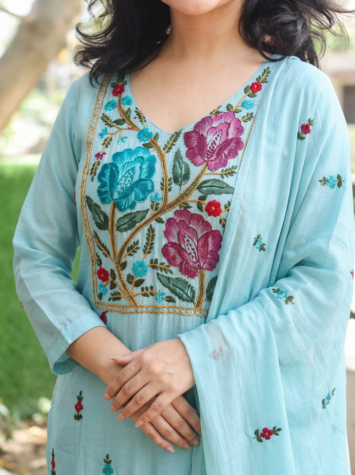 Navira Powder Blue Kolkata Hand Embroidered 3 Piece Set