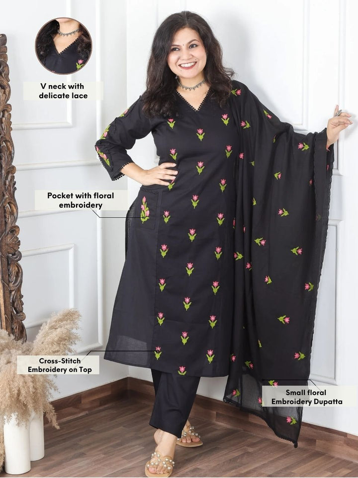 Haseena Black V Neck in All Over Cross-Stitch Embroidery in Panel Style Cotton 3 Piece Set