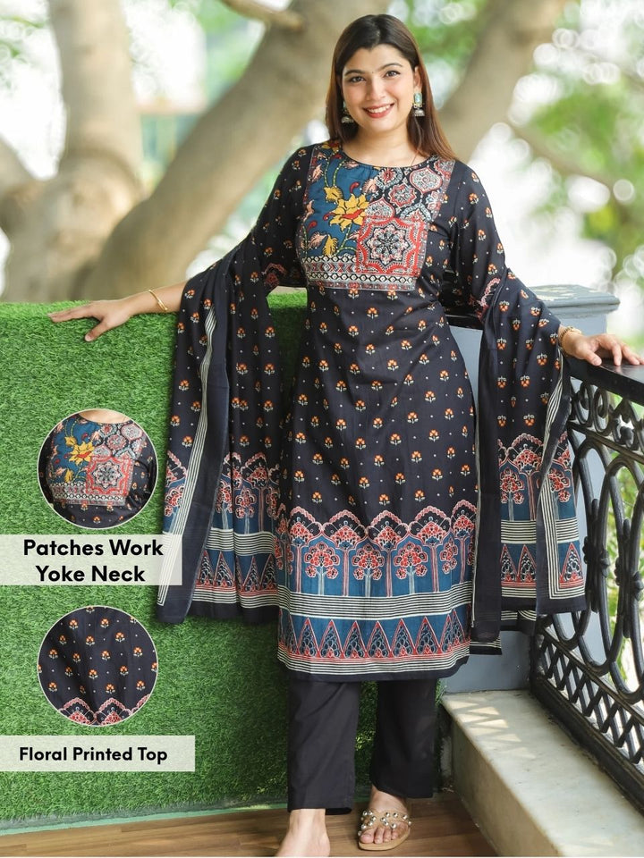 Gamini Coal Black Patches Work Yoke Neck with Floral Printed Cotton 3 Piece Set