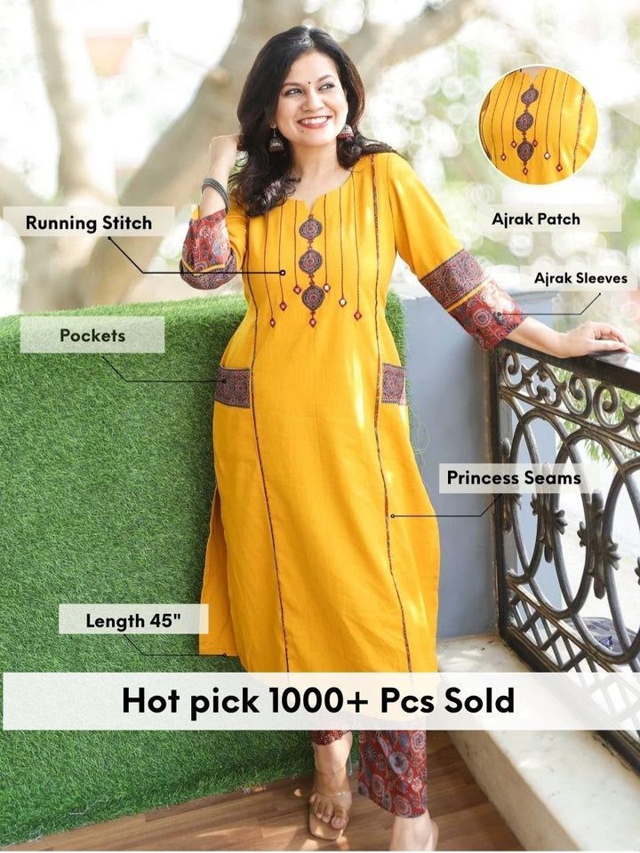 Pankhudi Yellow Running Stitch in Ajrak Patch with Mirror Work Cotton Kurti with Pocket