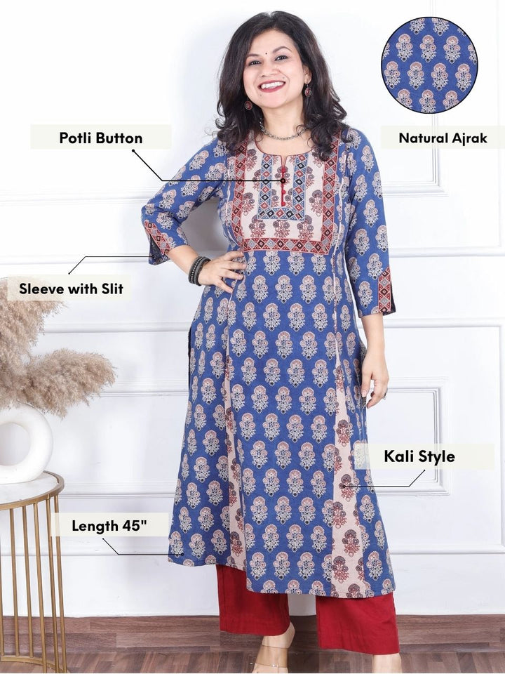 Dashtaan Cerulean Blue Authentic Ajrak Print with Potli Button Kali Style Cotton Kurti