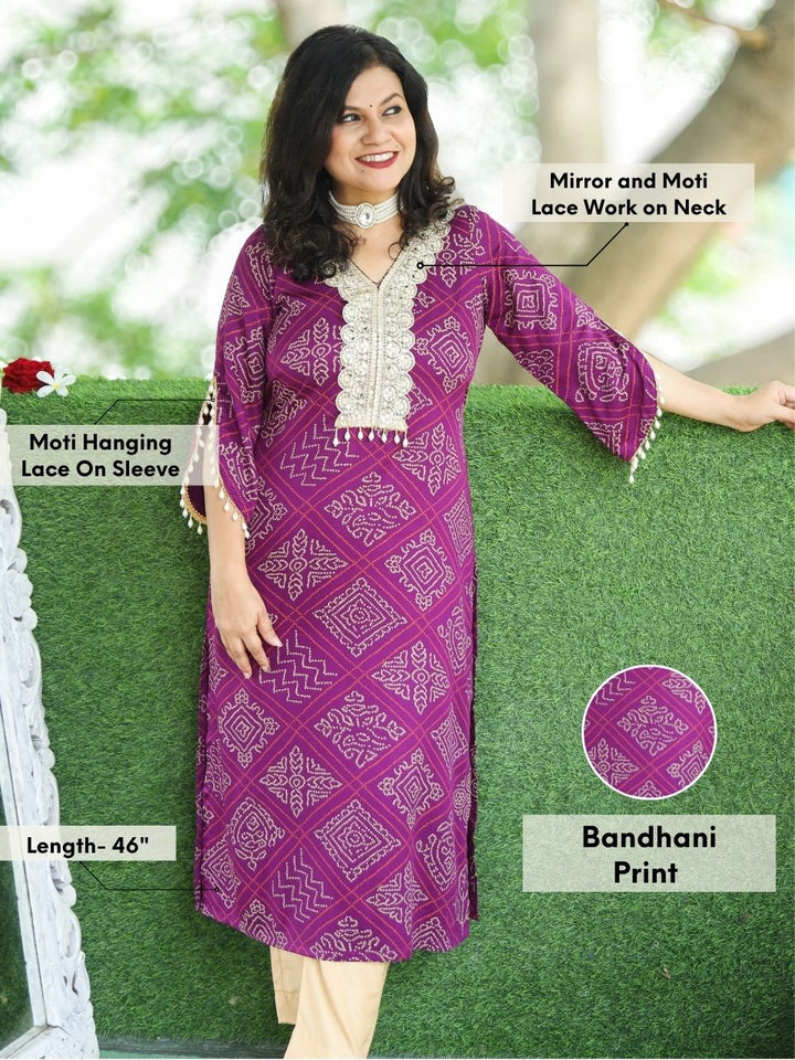 Jhankaar Orchid Purple Mirror and Moti Lace Work Bandhani Print Rayon Satin Kurti