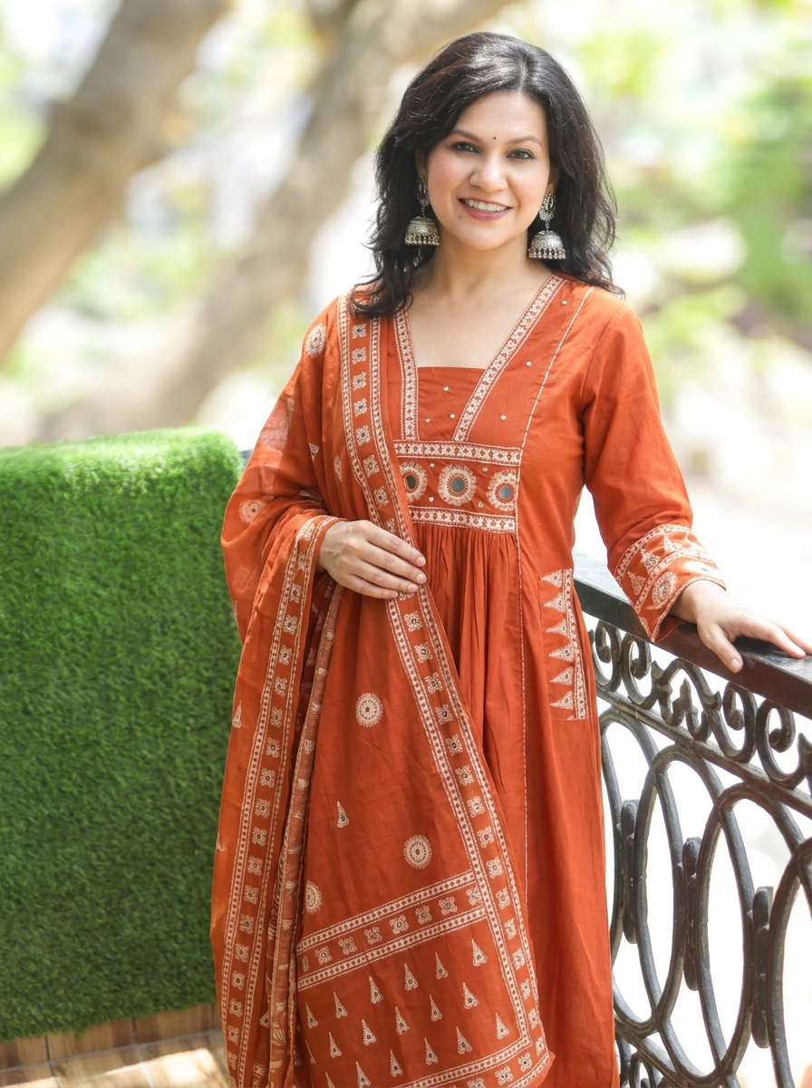 Sharvari Rust Orange Gathered Flaired Cotton 3 PIece Set