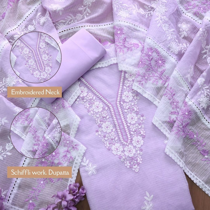 Geet Tulip Lilac All Over Thread Embroidered Neck Work Kota Doriya Suit Set