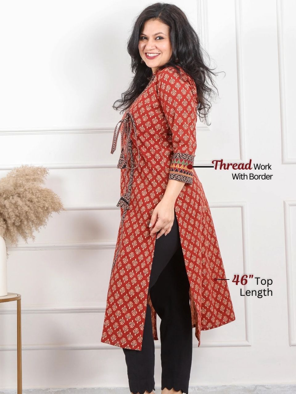 Shaayraana Cherry Red Kutch Fusion Work Angrakha Style Cotton Kurti
