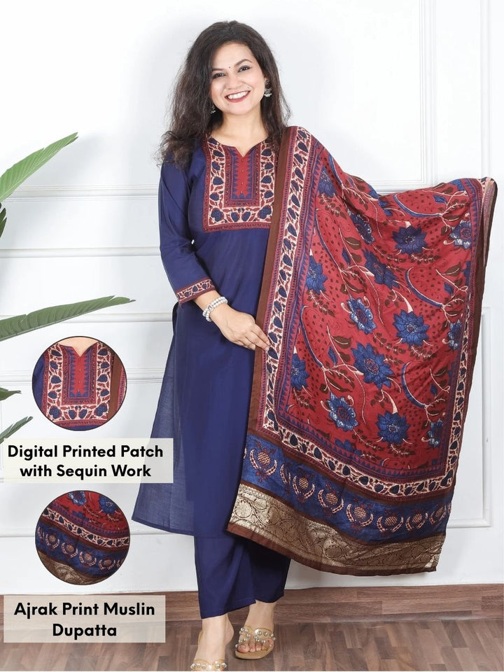 Samriddhi Indigo Blue Digital Printed Patch with Sequine Work Modal 3 Piece Set