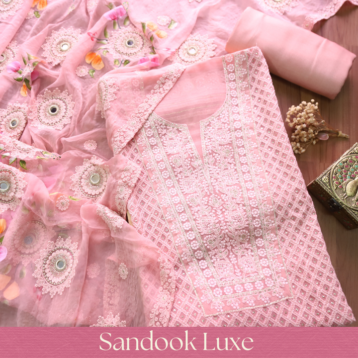 Nushrat Candy Pink All Over Thread Work Georgette Suit Set