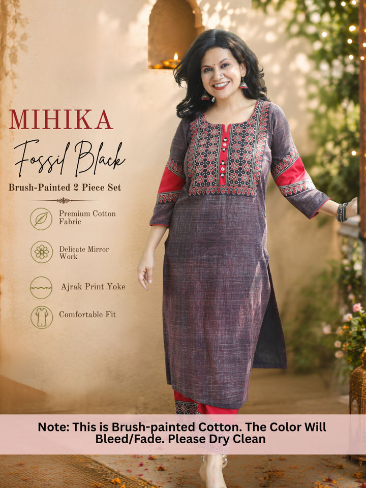 Mihika Fossil Black Ajrakh Yoke Brush Print 2 Piece Set